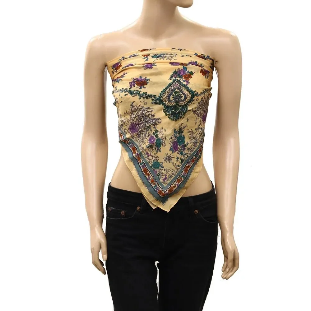 Free People So Silk Printed Bandana Scarf Tube Top Belt Floral Paisley Wrap OS